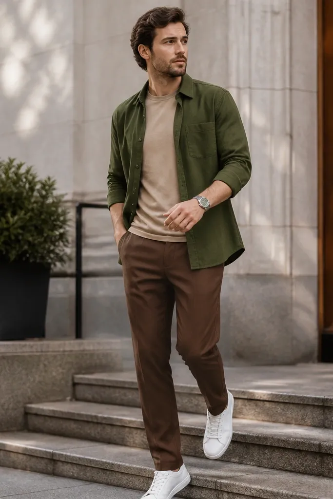Tan T-shirt with a green olive overshirt open over brown pants. White sneakers and a watch. Outdoor daylight.