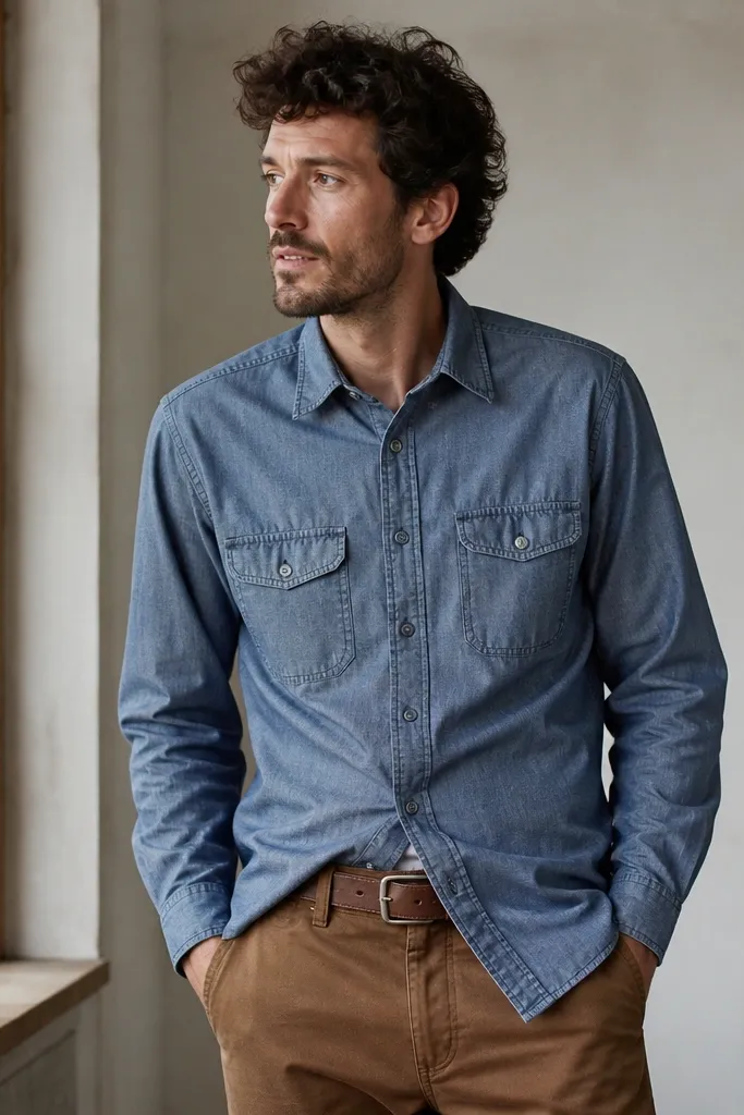 A blue chambray work shirt with chest pockets worn over brown pants. The shirt is buttoned and slightly untucked. Brown leather belt with a simple buckle.