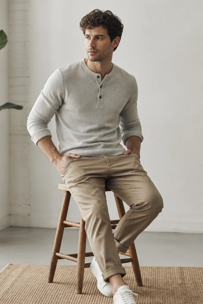 A light gray henley with rolled sleeves, light brown chinos, and white sneakers. The henley has a three-button placket and looks thick-knit.