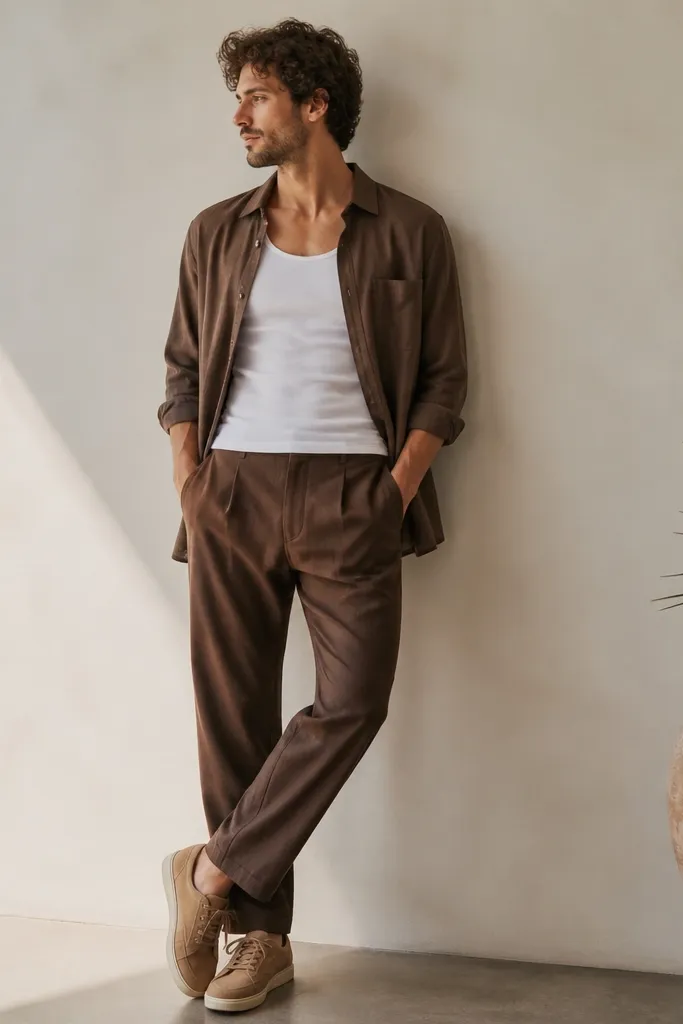 A white tank top under a lightweight open brown overshirt, brown pants in a slightly different shade, and tan sandals or low sneakers.