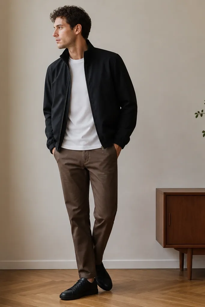 A black Harrington jacket worn over a white tee, brown chinos, and black leather sneakers. The jacket has a stand collar and elastic cuffs.