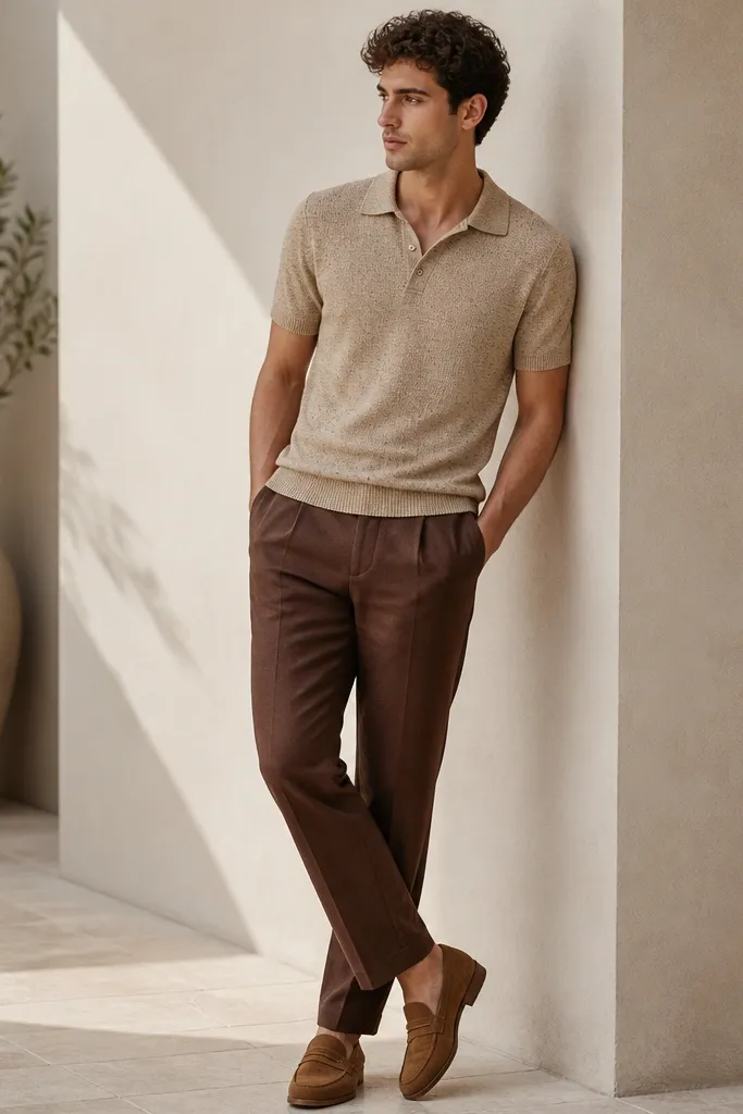 A tan knit polo with a collar and short sleeves, chocolate-brown pants, and light brown loafers. The knit has visible texture and a slightly speckled look.