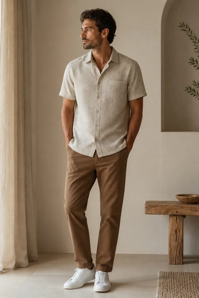 A short-sleeve button-up with a subtle pattern (small dots or micro print) in cream and olive tones, worn over brown chinos with no tuck. Shoes are white sneakers.