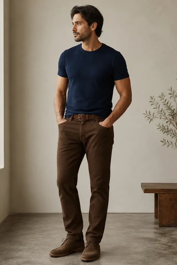 A navy fitted crew tee, brown pants, and brown suede desert boots. The tee hem is controlled at belt line with a slight tuck.