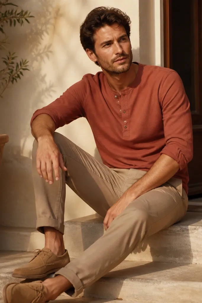A terracotta henley with sleeves rolled, light mocha chinos, and tan suede loafers or casual lace-ups. The lighting is warm, highlighting the terracotta tone.