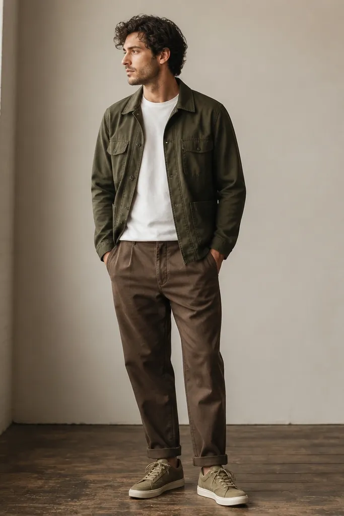 A white crew tee with a relaxed fit, olive chore jacket, brown pants, and olive or tan sneakers. The jacket has multiple pockets and a structured collar.