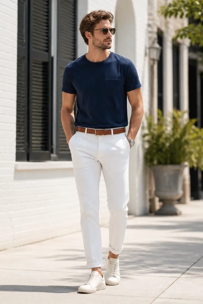 A man wearing crisp white twill pants with a slightly cropped cuff at the ankle, a navy crew-neck pocket tee tucked in, a tan leather belt, and clean white/cream low-top sneakers; background is a bright sidewalk.