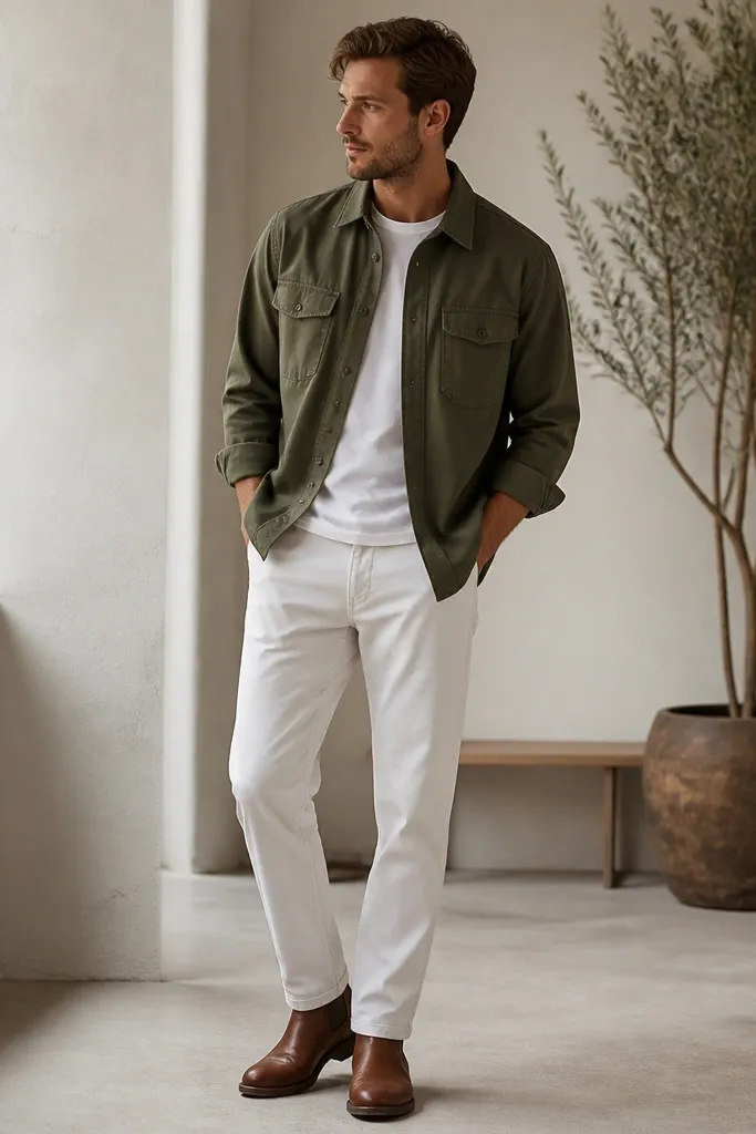 White pants paired with an olive overshirt that has chest flap pockets and a button front, worn over a plain white tee, plus brown leather boots.