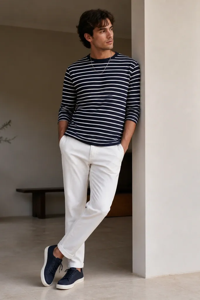 White pants with a tapered leg, a navy-and-white striped long-sleeve shirt worn untucked, and navy low-top sneakers; simple silver chain visible.