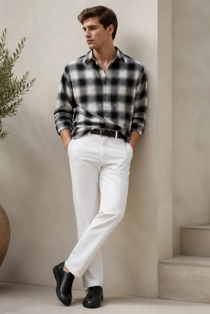 White pants with a clean straight leg, a black-and-white check flannel shirt worn half-tucked, black leather belt, and black leather sneakers.