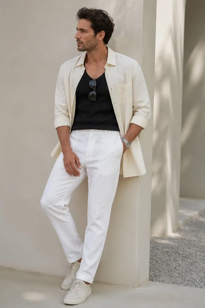 White pants, a black ribbed tank top, a cream lightweight overshirt worn open, and off-white sneakers; watch and sunglasses on the chest.