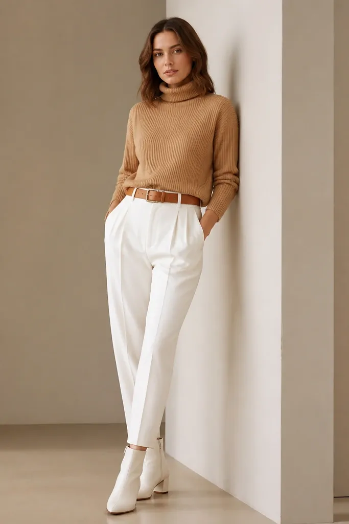 White pants with a tapered hem, a camel knit turtleneck, a tan belt, and white leather boots; neutral indoor background.