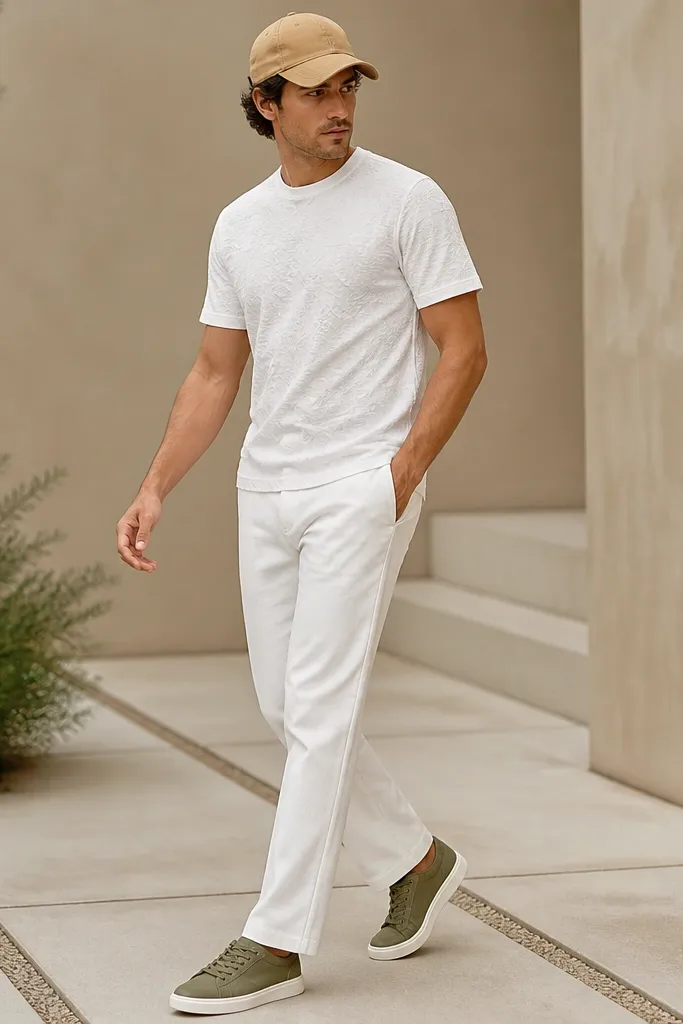 White pants paired with a white jacquard graphic tee (subtle texture), olive-green low-top sneakers, and a tan baseball cap.