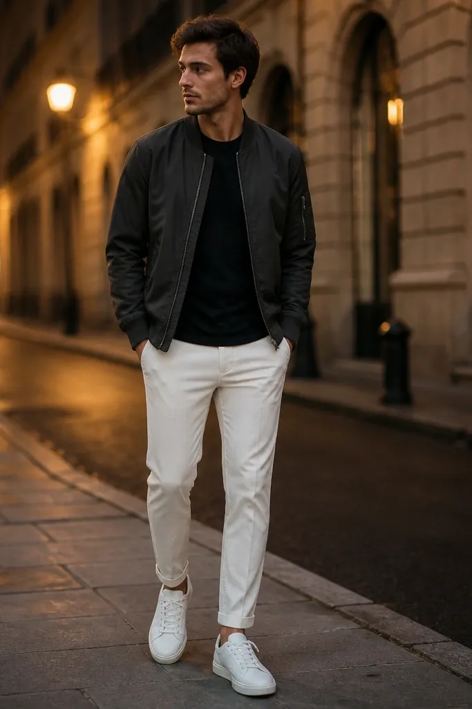 White pants with a tapered hem, a charcoal bomber jacket with ribbed cuffs, a black tee underneath, and white sneakers; evening street setting.