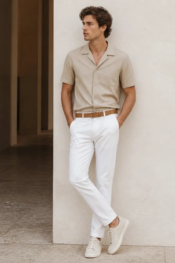 White pants, a light tan camp collar short-sleeve shirt worn untucked, tan leather belt, and white suede sneakers.