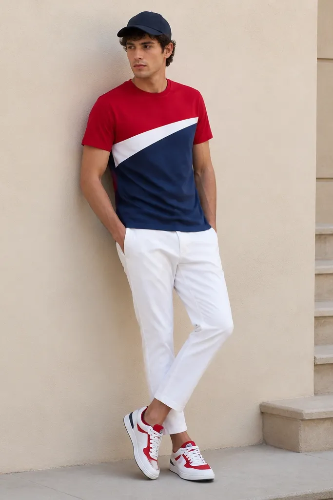 White pants with a tapered leg, a red and navy color-block graphic tee, navy baseball cap, and red-accent sneakers.