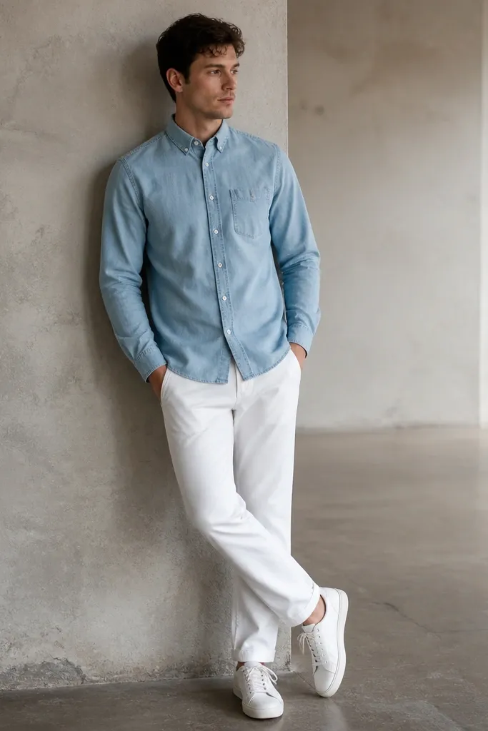White pants, a light wash chambray button-up worn fully buttoned and untucked, and white canvas sneakers; denim texture is visible.