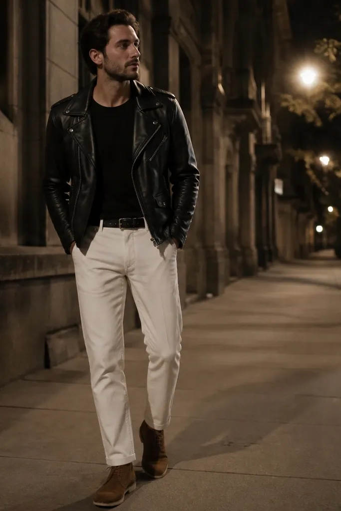 White pants, a black leather biker jacket, a black tee, brown desert boots, and a black belt; night street vibe with streetlights.