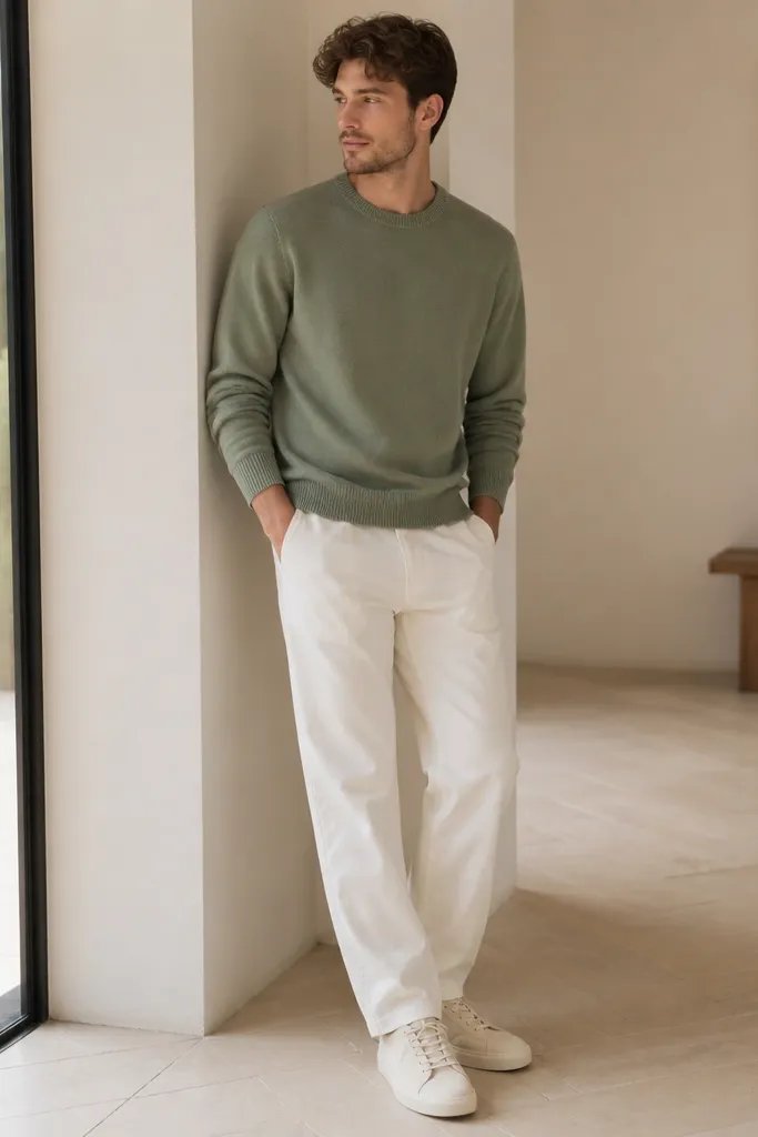 White pants with a relaxed straight leg, a sage green crewneck sweater, and off-white sneakers; soft daylight.