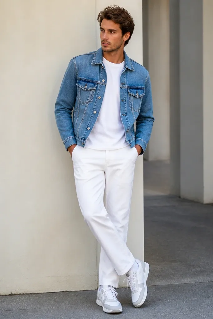 White pants, a mid-wash denim jacket worn open over a white tee, and white/gray sneakers; hands in pockets.