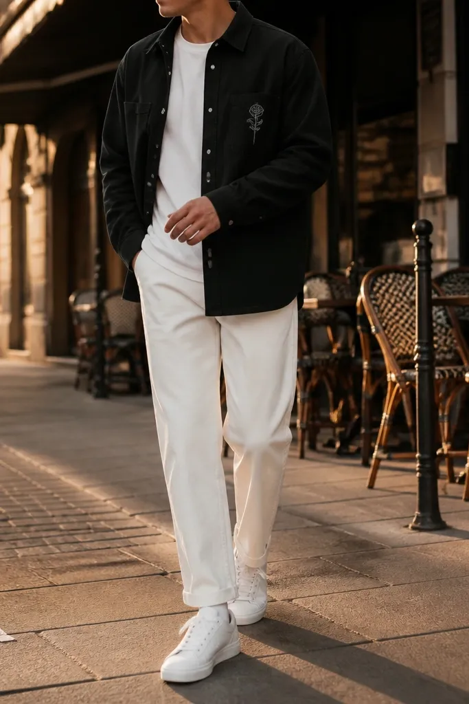 White pants, a black overshirt with a small chest graphic, worn over a white tee, and black-and-white sneakers; indoor mirror shot.