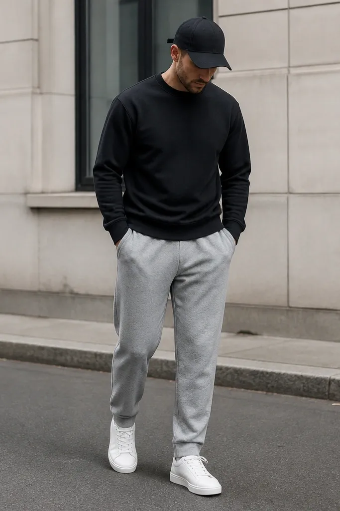 A man in heather grey sweatpants with a black crewneck sweatshirt. He wears clean white leather low-top sneakers. A black baseball cap sits low, and the outfit is photographed outdoors with a neutral street background.