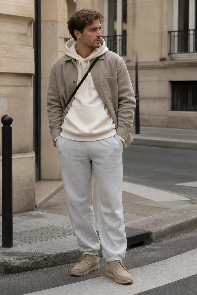 Light grey sweatpants paired with an off-white hoodie and a stone-colored overshirt. The man wears tan suede desert boots and a simple crossbody strap. The photo shows a street corner with soft daylight.