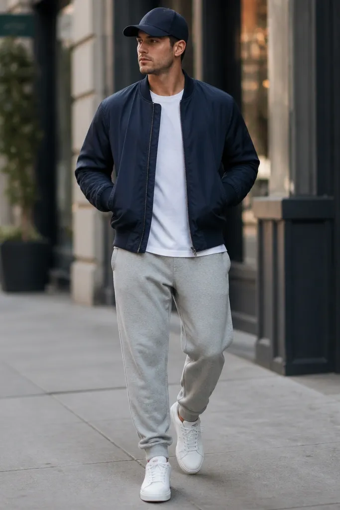 A navy bomber jacket over a plain white T-shirt, paired with grey sweatpants. The outfit includes white low-top sneakers and a navy cap. The setting is a sidewalk with storefronts blurred in the background.
