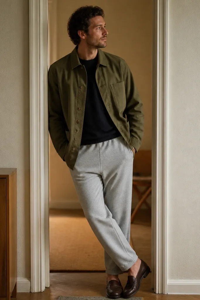 Grey sweatpants worn with an olive chore coat. The man has on dark brown leather loafers and a black crewneck underneath. The photo is taken indoors near a doorway with warm lighting.