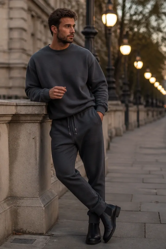 Charcoal grey sweatpants paired with a matching charcoal sweatshirt. The man wears black Chelsea boots and a simple silver ring. The photo shows an urban street with evening light.