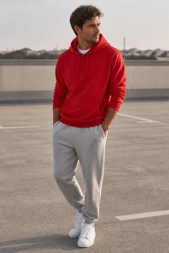 Grey sweatpants with a bright red hoodie. The man wears white sneakers and keeps the hoodie sleeves pushed slightly up. A white graphic tee peeks at the collar. The background is a parking lot with soft shadows.