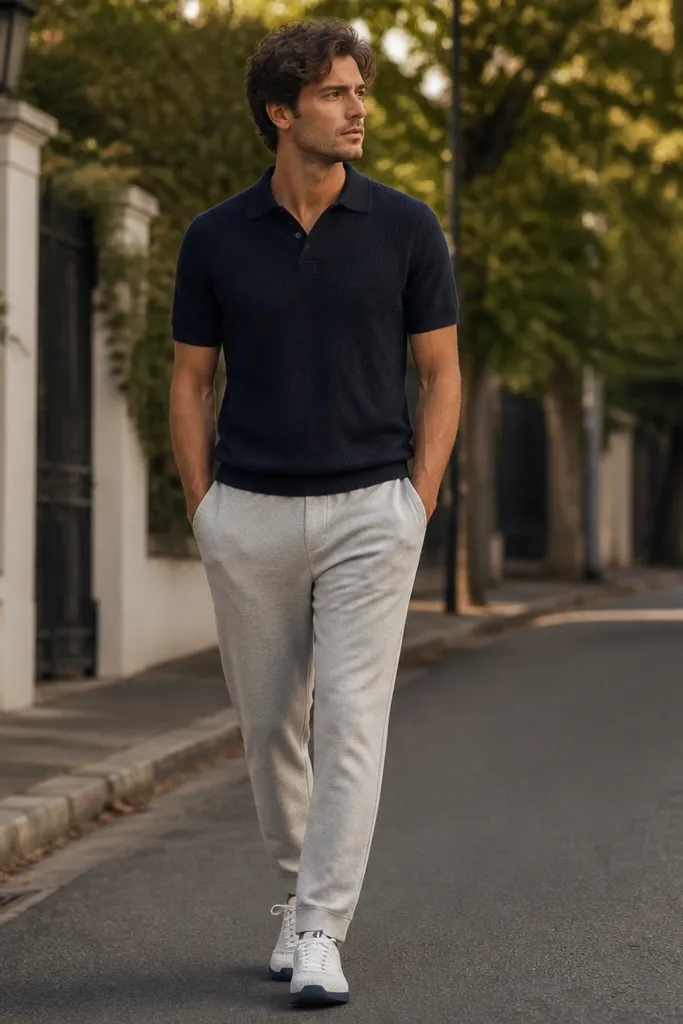 Light grey sweatpants with a navy knit polo shirt. The man wears white and navy knit sneakers with a low profile. The scene is a casual street with trees in the background.