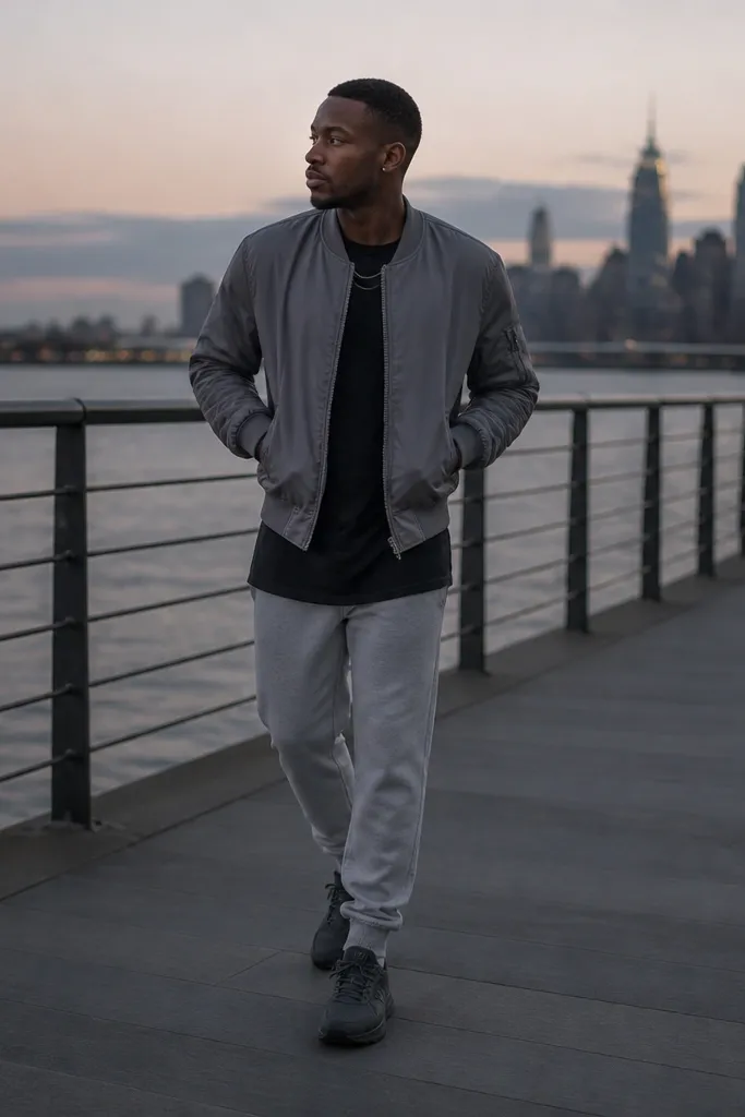 Grey sweatpants paired with a long black tee that reaches mid-hip. A grey bomber jacket sits over the tee. The man wears dark grey sneakers and a minimal chain necklace. The photo is taken at dusk.