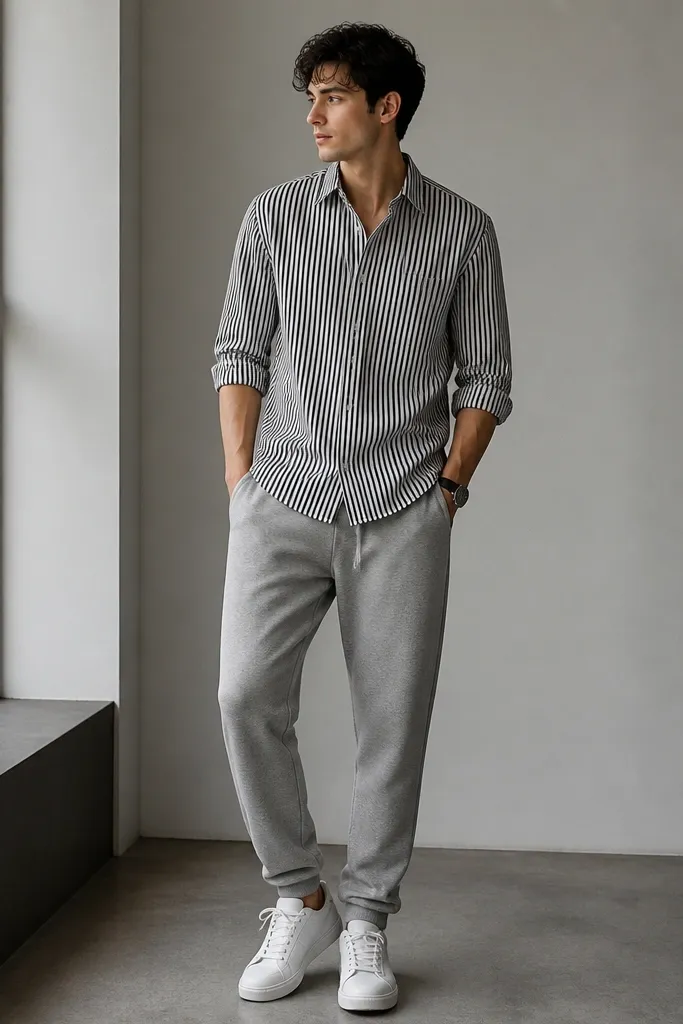 Grey sweatpants with a long-sleeve striped button-down (black and white). The man wears white sneakers and has sleeves rolled to the forearm. A simple black watch is visible.
