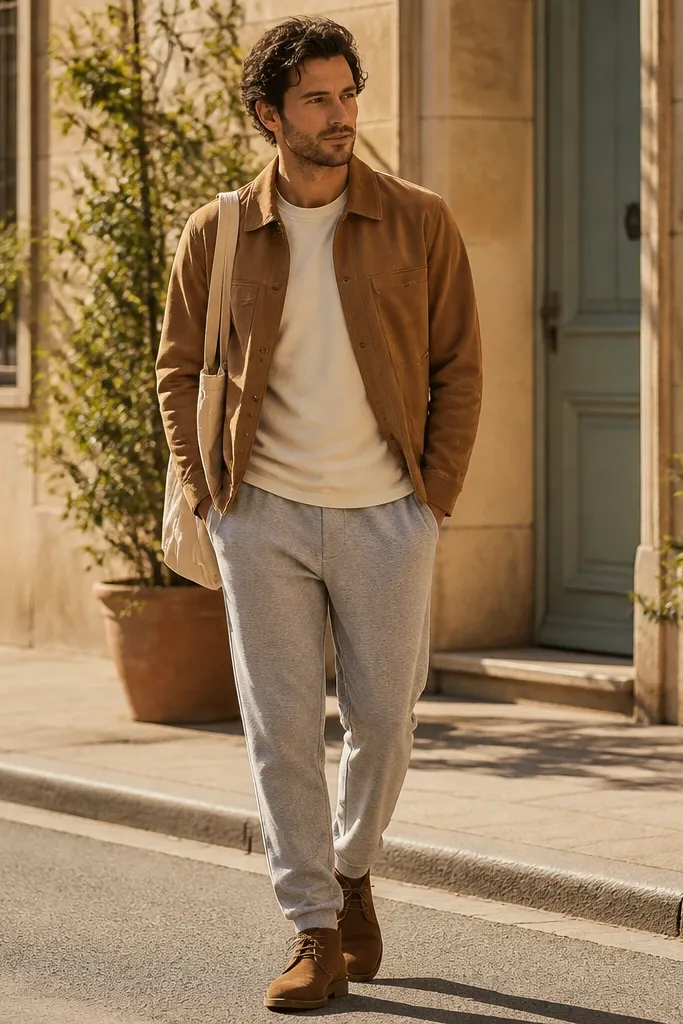 Grey sweatpants paired with a tan suede jacket and a cream T-shirt. The man wears brown suede chukkas and a light canvas tote. The image shows a sunny street with warm tones.