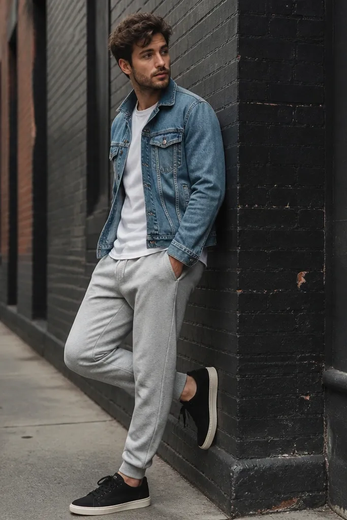 Grey sweatpants with a medium-wash denim jacket. The man wears black low-top sneakers and a white tee. A denim collar frames the neck, and the photo is in a city alley.
