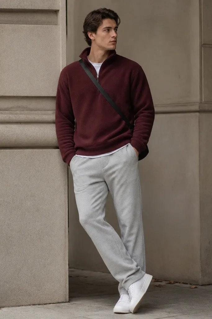 Grey sweatpants worn with a burgundy quarter-zip fleece. The man wears white sneakers and keeps the zip pulled up to mid-chest. A small crossbody bag strap crosses the torso.