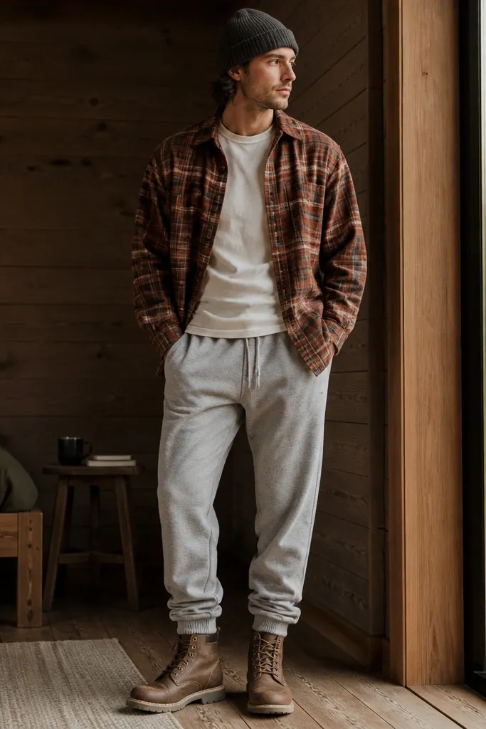 Grey sweatpants paired with a red-brown plaid flannel shirt. The man wears brown work boots and a dark beanie. The flannel is worn open over a plain tee.