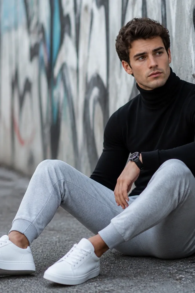 Grey sweatpants with a fitted black turtleneck sweater. The man wears white sneakers and a black leather watch. The photo is outdoors near a wall with graffiti.