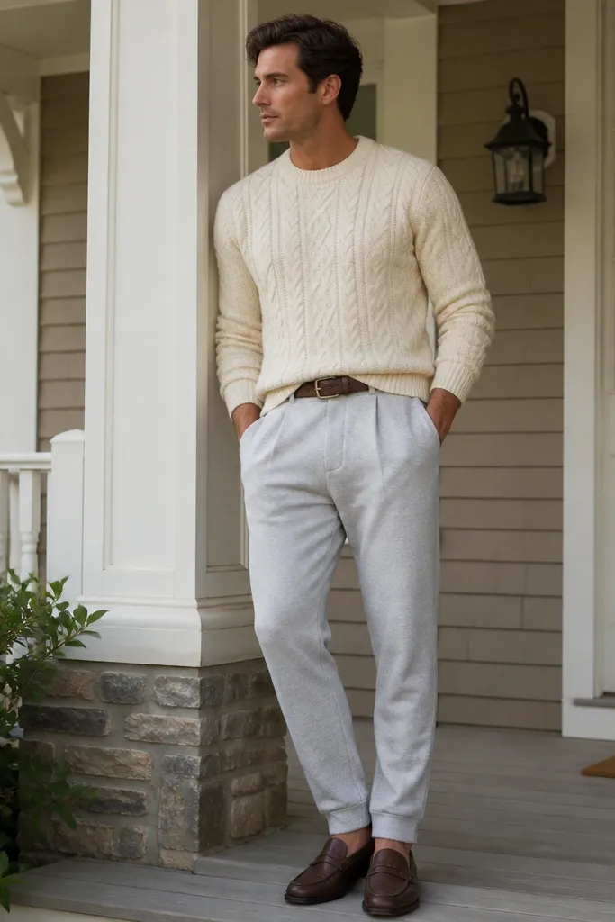 Heather grey sweatpants worn with a cream cable-knit sweater. The man wears brown loafers and a simple leather belt. The photo is taken on a front porch with soft morning light.