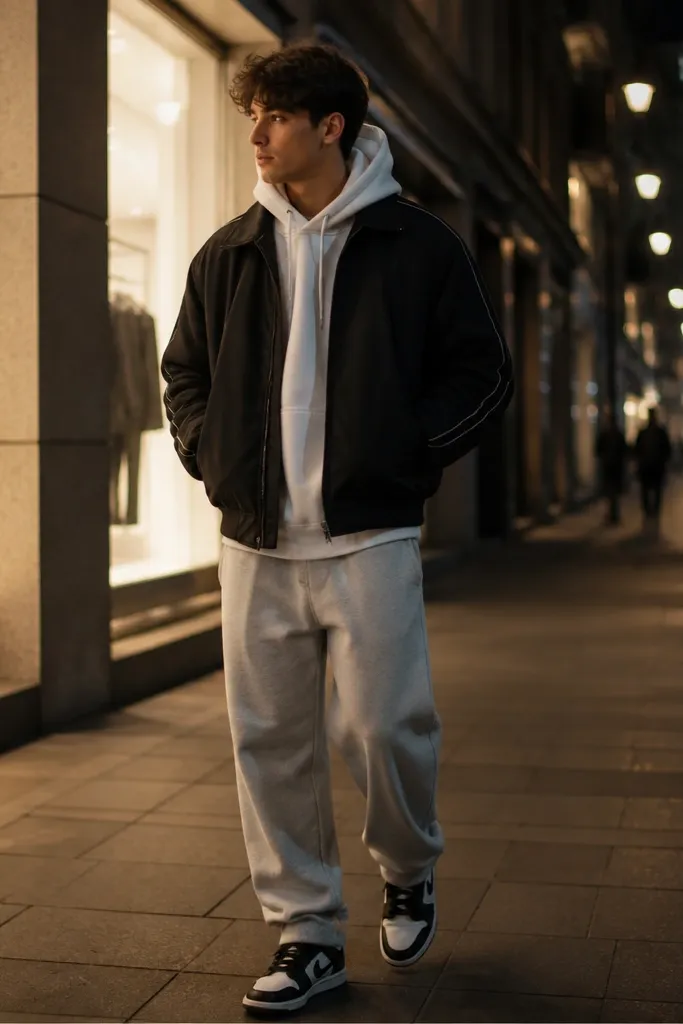 Grey sweatpants paired with an oversized white hoodie. A black track jacket is worn over it, and the man wears black-and-white sneakers. The photo shows a street at night with bright storefront lighting.