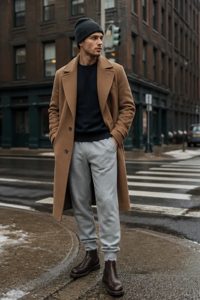 Grey sweatpants with a navy sweatshirt. Over it, the man wears a camel overcoat. He has on dark brown leather boots and a wool beanie. The photo is taken in cold weather on a street corner.