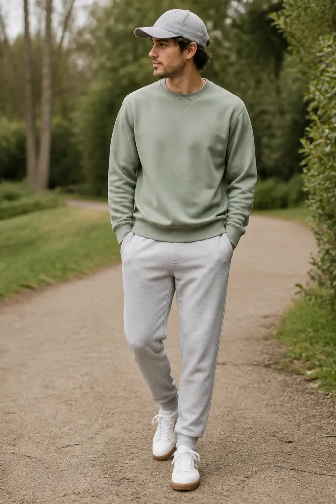 Grey sweatpants with a sage green crewneck sweatshirt. The man wears white retro sneakers with a gum sole and a light grey cap. The photo shows a park path with greenery.