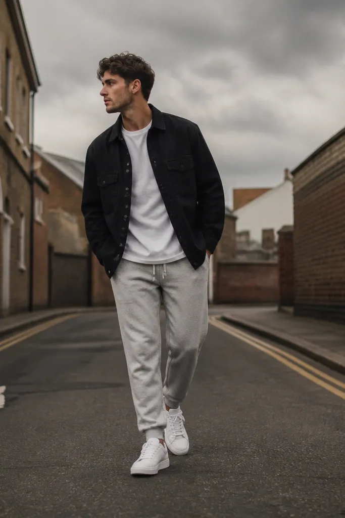 Grey sweatpants with a black denim overshirt. The man wears a white t-shirt underneath and white sneakers. The photo shows a street with brick walls and a moody sky.