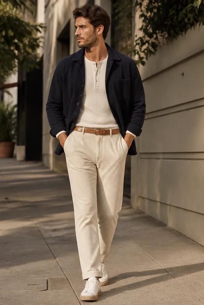 A man wearing off-white corduroy pants with a cream ribbed henley shirt. He has a dark navy chore jacket layered on top, sleeves slightly rolled. The shoes are clean white low-top sneakers with a beige-tan sole. A simple tan leather belt matches the henley tone. Background looks like a street sidewalk in late afternoon light.