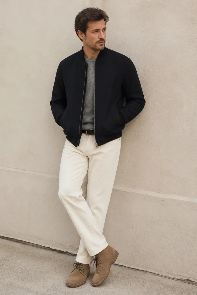 A man in white corduroy pants paired with a heather gray crewneck sweater. He wears a black bomber jacket over it, fully zipped. His shoes are tan suede chukka boots with darker laces. A black belt peeks at the waistband. The scene is a casual outdoor spot with a neutral wall behind him.