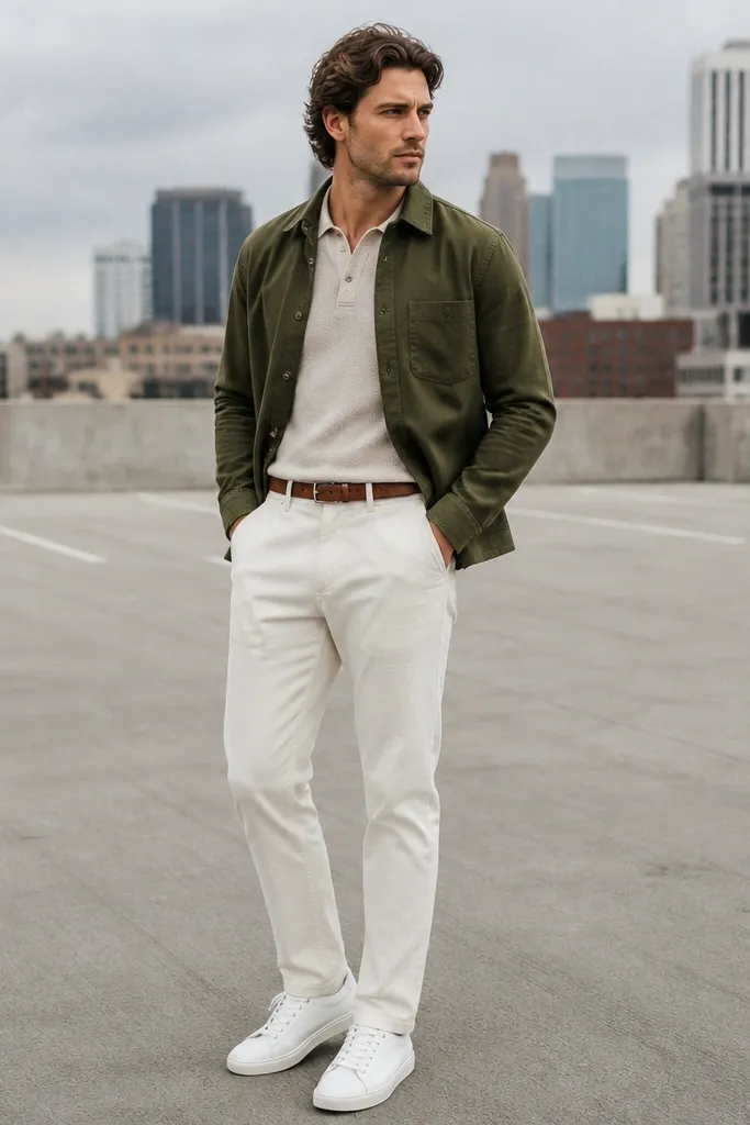 White pants in a corduroy texture with an oatmeal knit polo shirt. Over it is an olive green overshirt, collar open slightly. The man wears clean white leather sneakers with minimal branding. Belt is medium brown leather. Background is an urban parking lot with soft daylight.