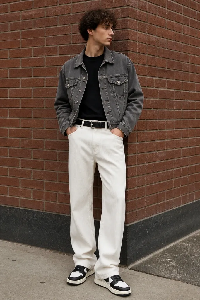 White corduroy pants with a plain black crewneck T-shirt. A mid-wash gray denim jacket is layered on top, slightly cropped. Shoes are black-and-white trainers with thick soles. A black belt is visible. The photo looks like a street corner with a brick wall background.