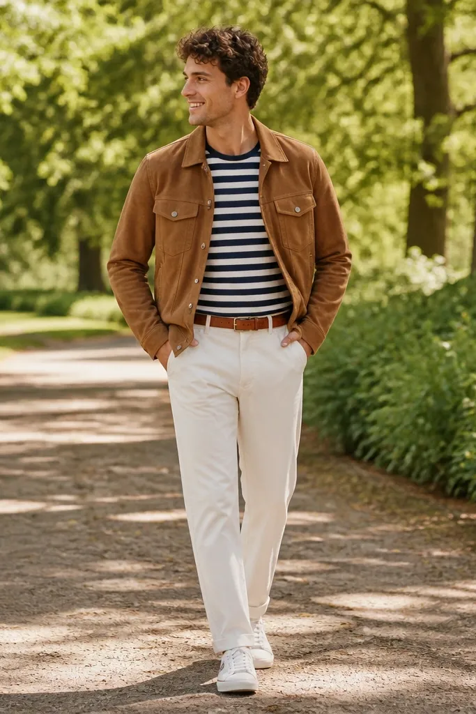 White corduroy pants with a navy-and-white striped tee. Over it is a tan suede trucker jacket with metal buttons. The shoes are white canvas sneakers with a low profile. Belt is tan leather. The background is a park path with soft sun.