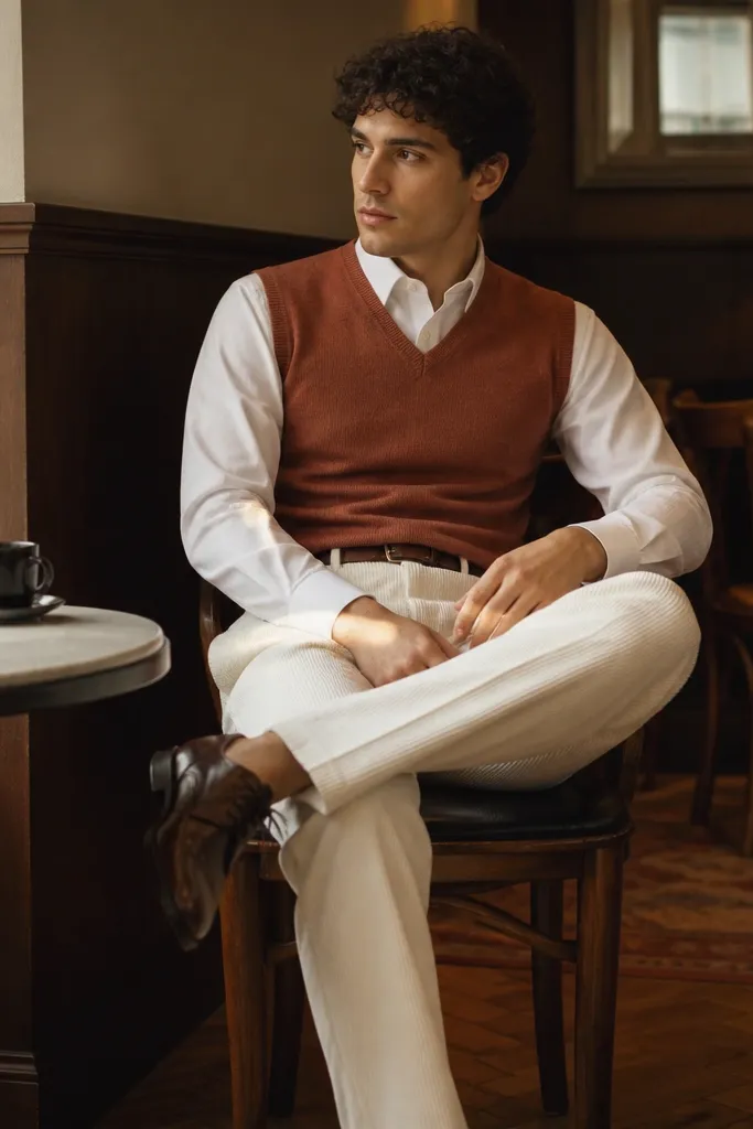 White corduroy pants with a white poplin button-down worn under a terracotta sweater vest. The vest is V-neck and fits snug. Shoes are dark brown leather derbies. A dark brown belt matches the shoes. Background is an indoor cafe with warm lighting.